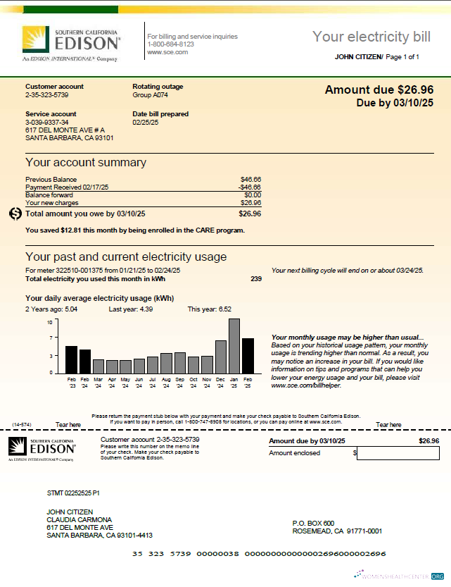 download USA Southern California Edison utility bill template in Word and PDF formats, version 2 PDF template